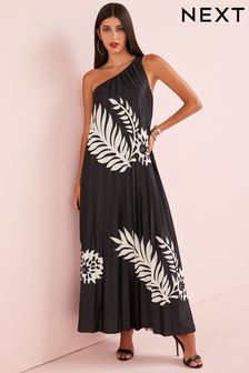 Black/White Leaf - One Shoulder Plissé Maxi Dress (U89095) | BGN129