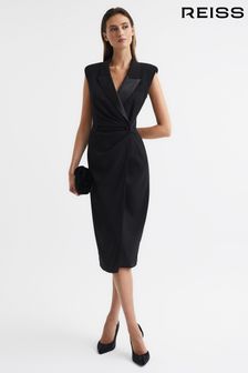 Reiss Black Cecile Tuxedo Bodycon Midi Dress (U89241) | $376