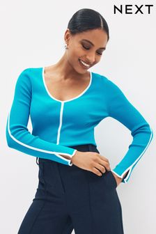 Bright Blue Tipped V-Neck Knitted Top (U89553) | €27