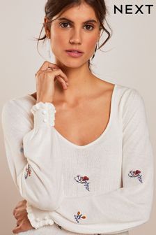 Ecru White Floral Button Cuff Sweetheart Neck Knit Top (U89555) | 79 zł