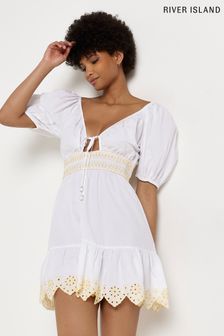 River Island White Puff Sleeve Tie Front Mini Dress (U90219) | 18 €