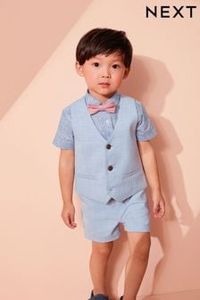 Modra z rožnatim potiskom - Komplet telovnik, srajce, kratkih hlač in metuljčka (3 mesecev–9 let) (U90264) | €47 - €55