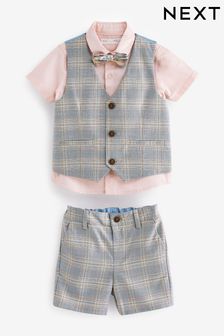 Siva karirasta - Komplet telovnik, srajce, kratkih hlač in metuljčka (3 mesecev–9 let) (U90283) | €50 - €58