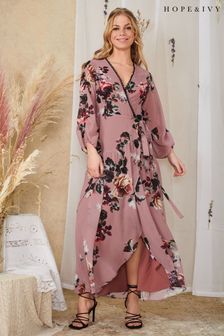 Hope and Ivy Purple Minnie Lace Trim Floral Wrap Maxi Dress (U90487) | €54