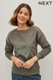 Khaki Green Animal Print Heart Graphic Sweatshirt (U90527) | €29