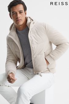 Reiss Oatmeal Asa Hooded Corduroy Short Puffer Jacket (U90773) | AED2,506