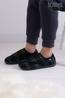 Totes Navy Check Isotoner Mens Velour Closed Back Slipper With Velcro Opening (U92220) | $55