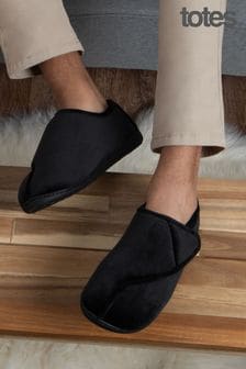 Totes Black Isotoner Mens Velour Closed Back Slippers With Velcro Opening (U92222) | €47