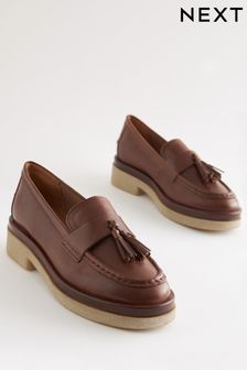 Tan Brown Forever Comfort® Leather Tassel Crepe Effect Chunky Loafer Shoes (U92538) | €48