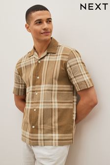 Stone Cream Textured Check Cuban Collar Short Sleeve Shirt (U93096) | 82 zł