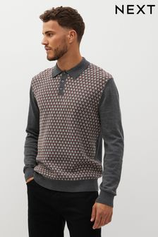 Charcoal Grey Regular Geometric Knitted Button Through Polo Shirt (U93123) | $51