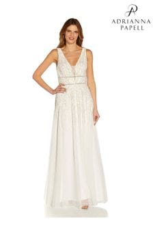 Adrianna Papell Abendkleid aus Chiffon und Netzstoff mit Perlenverzierung, Weiß (U93263) | 182 €