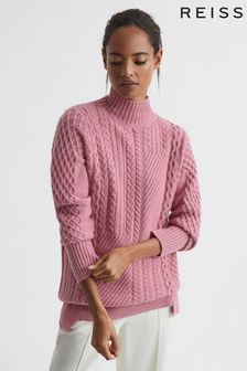 Reiss Pink Martha Cable Knit High Neck Jumper (U93527) | 112,140 Ft