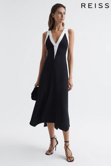 Reiss Black/White Autumn Colourblock V-Neck Midi Dress (U93655) | AED1,642