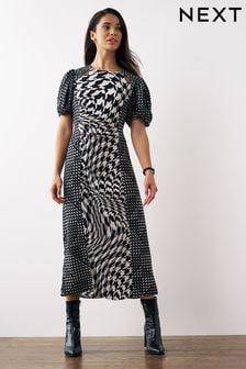 Schwarz und Weiß, Hahnentrittmuster - Kleid mit Schlitz (U94430) | 61 €