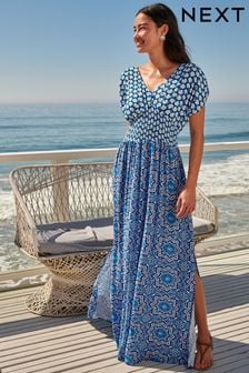 Blue Tile Print Shirred Waist V-Neck Sleeveless Maxi Dress (U94467) | INR 3,201