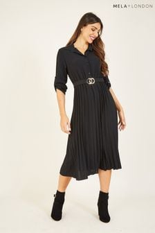 Mela Black Pleated Skirt Midi Shirt Dress (U95790) | $58