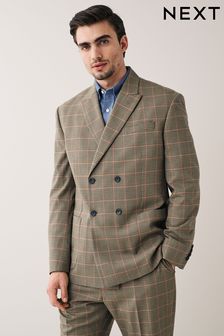Taupe Brown Oversized Fit Check Double Breasted Suit Jacket (U95911) | €43