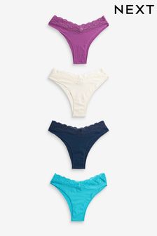 Blue/ Purple/ Cream Extra High Leg Lace Trim Cotton Blend Knickers 4 Pack (U96326) | 7,240 Ft