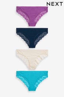 Navy Blue/Aqua Blue/Purple/Cream Bikini Cotton & Lace Knickers 4 Pack (U96327) | €9