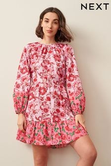 Pink Floral Long Sleeve 100% Cotton Summer Mini Dress (U96341) | €17
