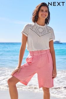 Pink Smart Belted Linen Blend City Shorts (U96349) | €41.50