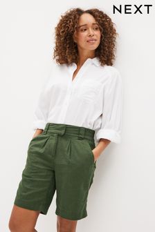 Khaki Green - Linen Blend Knee Shorts (U96351) | BGN58