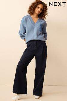 Granatowa - Bawełniane spodnie z szerokimi nogawkami (U96644) | 180 zł