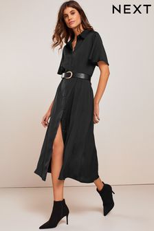 Black Fluted Sleeve Empire Midi Shirt Dress (U96652) | $55