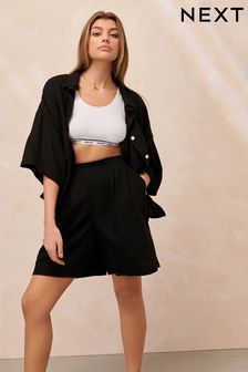 Black Linen Blend Shorts (U96775) | $33