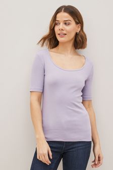 Lilac Purple Ribbed Scoop Neck Half Sleeve T-Shirt (U96856) | 32 zł