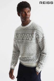 Reiss Soft Blue Melange/Ecru Ramsay Crew Neck Fairisle Wool Blend Jumper (U97607) | €210