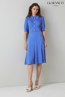 L.K.Bennett Blue Esme Crepe Crystal Button Tea Dress (U97775) | $460
