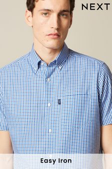 Niebieska w kratkę - Regularne dopasowanie, krótki rękaw - Zapinana koszula Oxford Easy Iron (U97919) | 110 zł