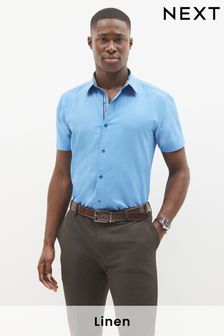Blue Regular Fit Short Sleeve Trimmed Linen Blend Shirt (U97931) | 88 zł