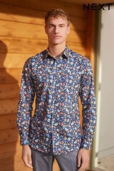 Blumenmuster, Marineblau - Slim Fit, einfache Manschetten - Bedrucktes Hemd mit Besatz (U98009) | 46 €