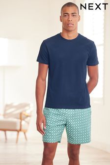 Navy Blue/Green Geo Lightweight Short Pyjama Set (U98227) | €32