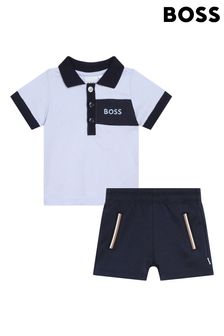 Set Boss Bebeluși bleumarin tricou polo și pantaloni scurți cu logo (U99007) | 748 LEI