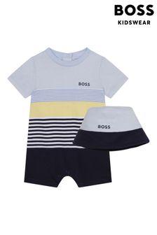 BOSS Blue Logo Baby Romper And Bucket Hat Set (U99008) | $160
