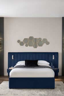 Soft Velvet Navy Blue Mayfair Upholstered Bed Frame with Ottoman Storage and Bedside Tables (U99234) | €1,475 - €1,725