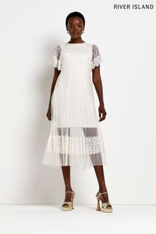 River Island White Lace Beaded Pleat Midi Dress (U99326) | 74 €