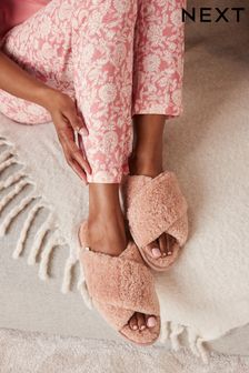 Peach Pink Recycled Faux Fur Cosy Crossover Slippers (U99651) | 82 zł