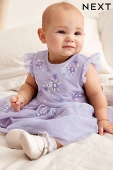 Liliowy - Zdobiona siateczkowa sukienka niemowlęca (0m-cy-2lata) (UF5182) | 118 zł - 130 zł