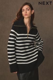 Schwarz/Ecru-Creme - Langer Premium-Pullover aus 100 % Wolle mit Reißverschluss (UTZ589) | 98 €