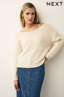Ecru White Off The Shoulder Relaxed Jumper (UUE472) | $48