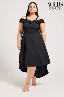 YOURS LONDON Curve Black Black Bardot Dipped Hem Dress (W08935) | AED277