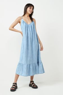 100% Organic Cotton Denim Strappy Ruffle Hem Maxi Dress with Washwell