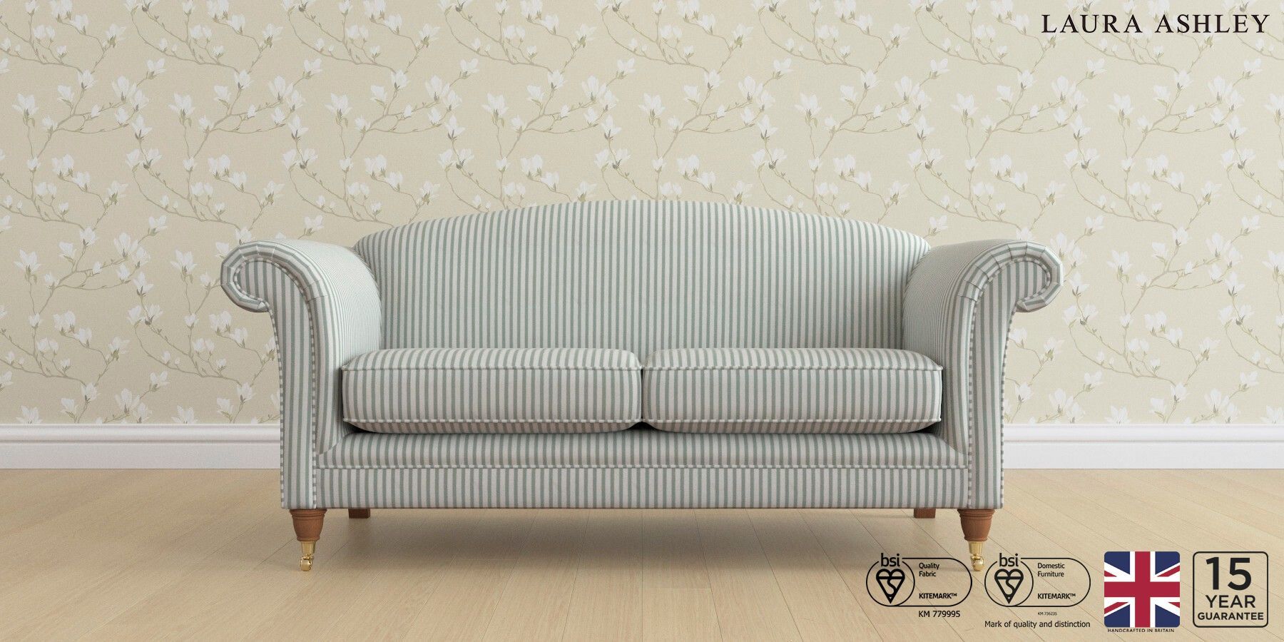 Buy Gloucester by Laura Ashley Large Sofa Lyme Regis Duck Egg Low Brass