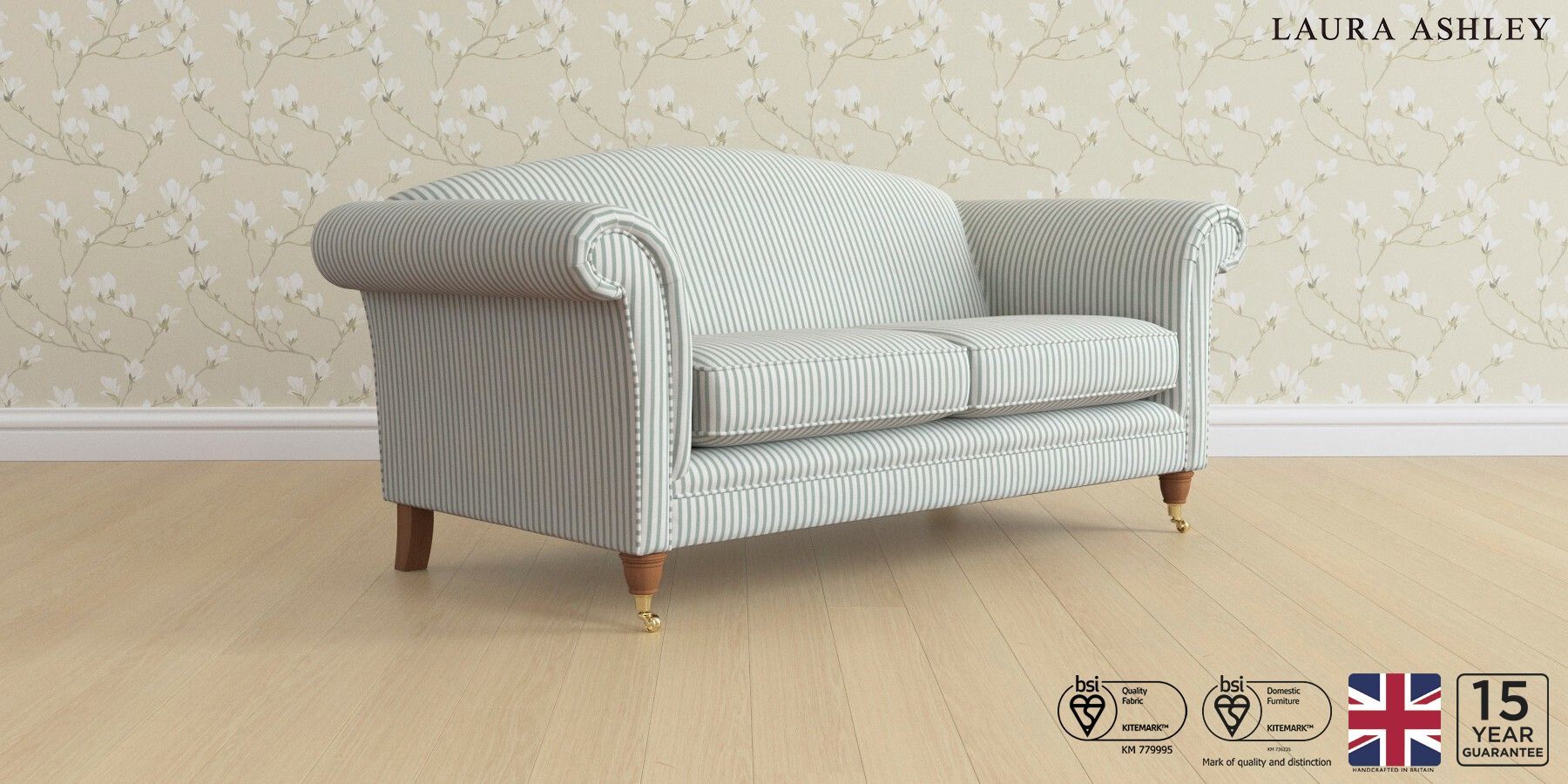 Buy Gloucester by Laura Ashley Large Sofa Lyme Regis Duck Egg Low Brass