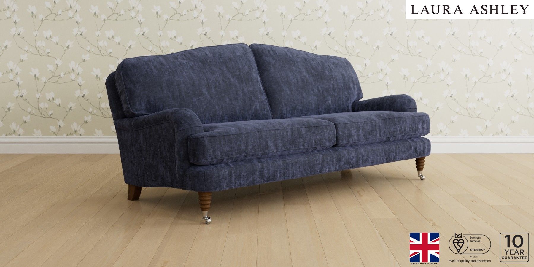 Buy Lynden by Laura Ashley Large Sofa Kingsley Velvet Midnight Ornate